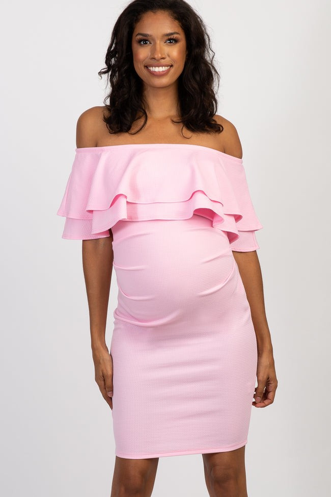 Pink Off Shoulder Fitted Maternity Dress | PinkBlush Maternity