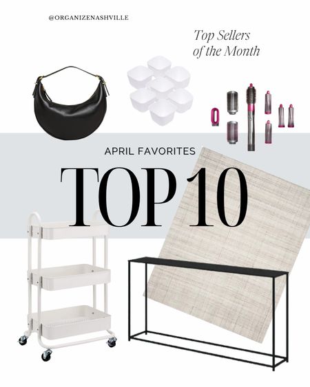Your favorites for the month of April including the item that keeps selling out!  Plus, a few items that are on my radar:

Top 10:
1. Black metal thin console from Wayfair
2. Rolling cart (nursing cart)
3. Madewell black leather handbag
4. White storage trays 
5. West Elm Lumini Rug dupe
6. Dyson air wrap dupe
7. Sterilite storage bins
8. Everything drawer organizer 
9. Black sandals for summer 

On my radar:
1. Negative underwear stripes pajama set
2. Cork flats by Ann taylor 
3. The perfect summer ☀️ mom bag
4. Novelty wood wavy mirror 
