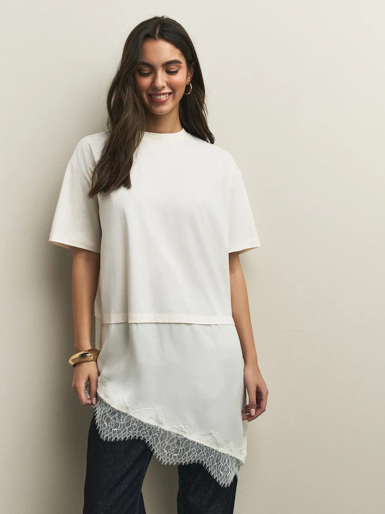 Buy Ecru Satin Lace Trim Short Sleeve T-Shirt from Next Belgium | Next EU