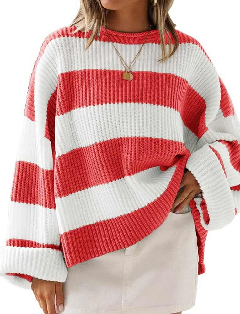 ZESICA Women's 2024 Fall Long Sleeve Crew Neck Striped Color Block Comfy Loose Oversized Knitted ... | Amazon (US)