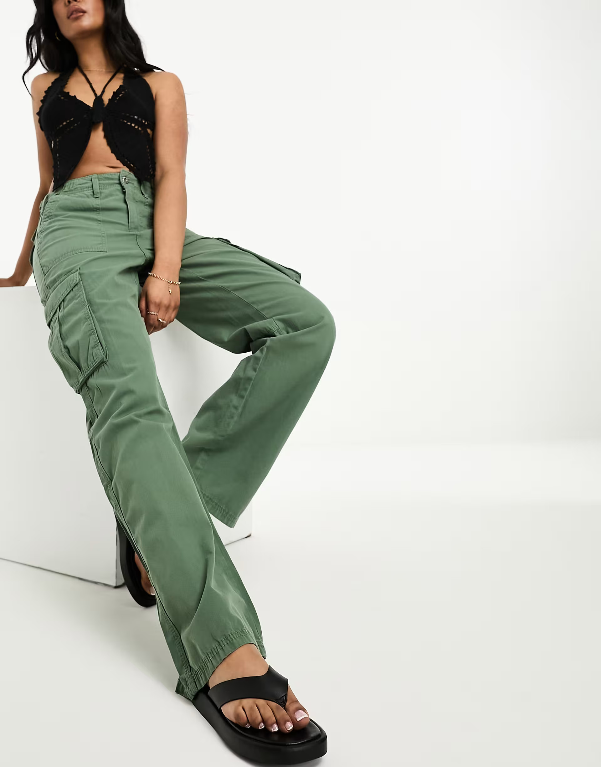 Bershka straight leg cargo pants in khaki | ASOS (Global)