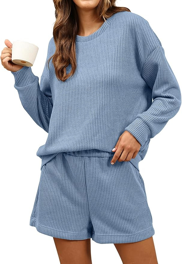 ZMJ Waffle Knit Pajamas for Women 2 Piece Sweatsuit with Pockets | Amazon (US)