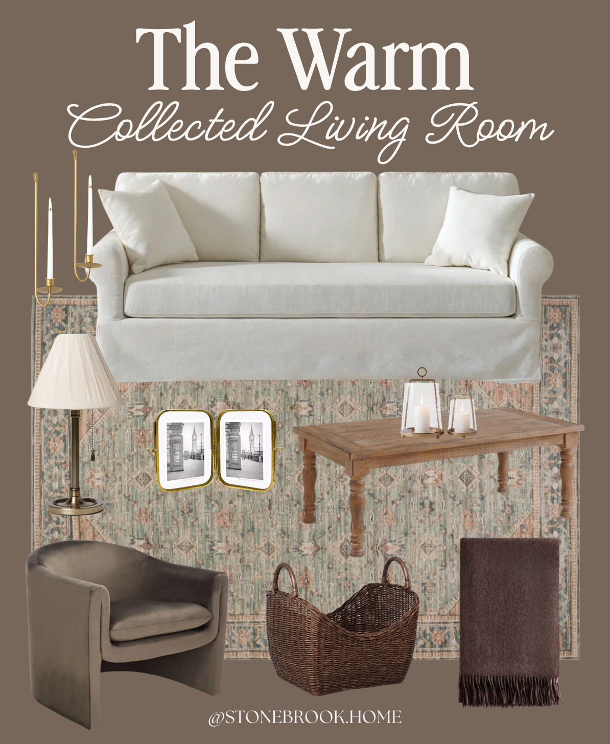 Living room furniture, Living room decor, Cream sofa, Upholstered sofa, Accent chair, Brown accent chair, Wood coffee table, Square coffee table, Area rug, Vintage area rug, Table lamp, Woven storage basket, Throw blanket, Throw pillows, Decorative vase, Home decor, Traditional home decor, Neutral living room decor, Coffee table decor, Picture frames

#LTKSeasonal #LTKOver40 #LTKHome