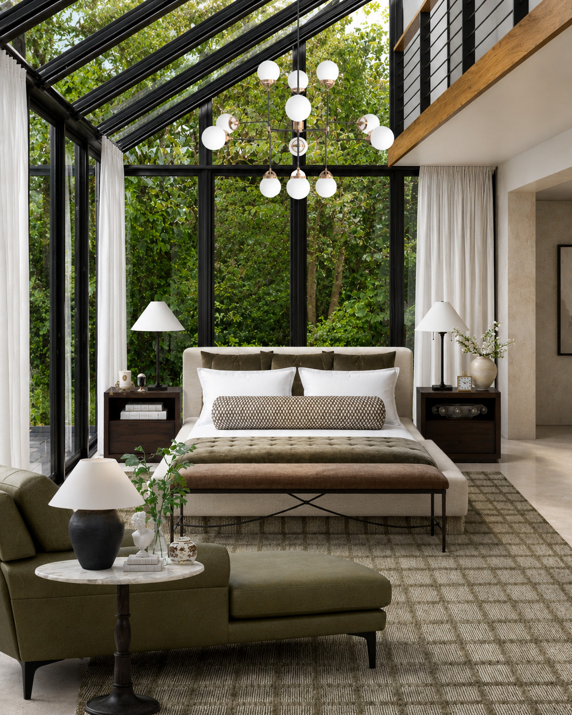 Glass walls, layered greens, and the prettiest mix of warm wood + crisp white bedding. This bedroom feels like a modern retreat tucked right into the trees — soft textures, tailored details, and a little drama from that globe chandelier. Linking the full look here. #LTKHome #LTKFinds #LTKStyleTip 

 #LTKHome