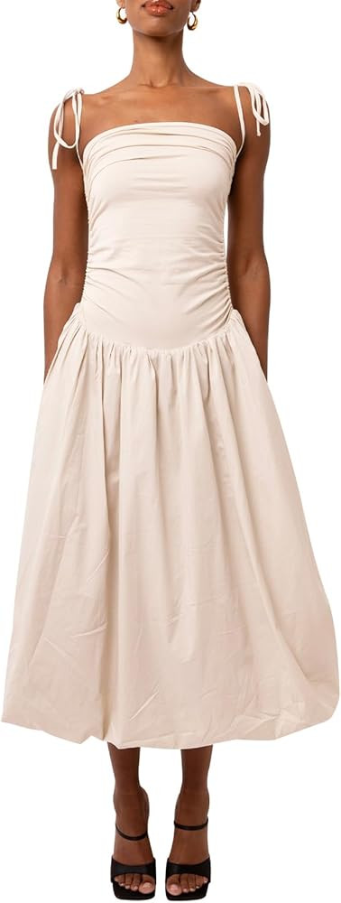 Women Tie Shoulder Midi Dress Spaghetti Strap Bubble Hem Puff Maxi Dress Drop Waist Vocation Summ... | Amazon (US)