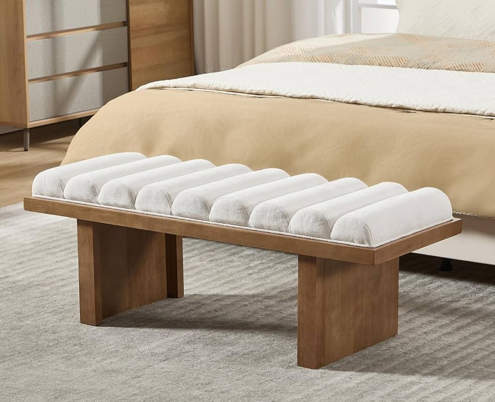47 Inch End of Bed Bench, Modern Upholstered Entryway Bench with Natural Wooden Base/Padded Cylin... | Amazon (US)