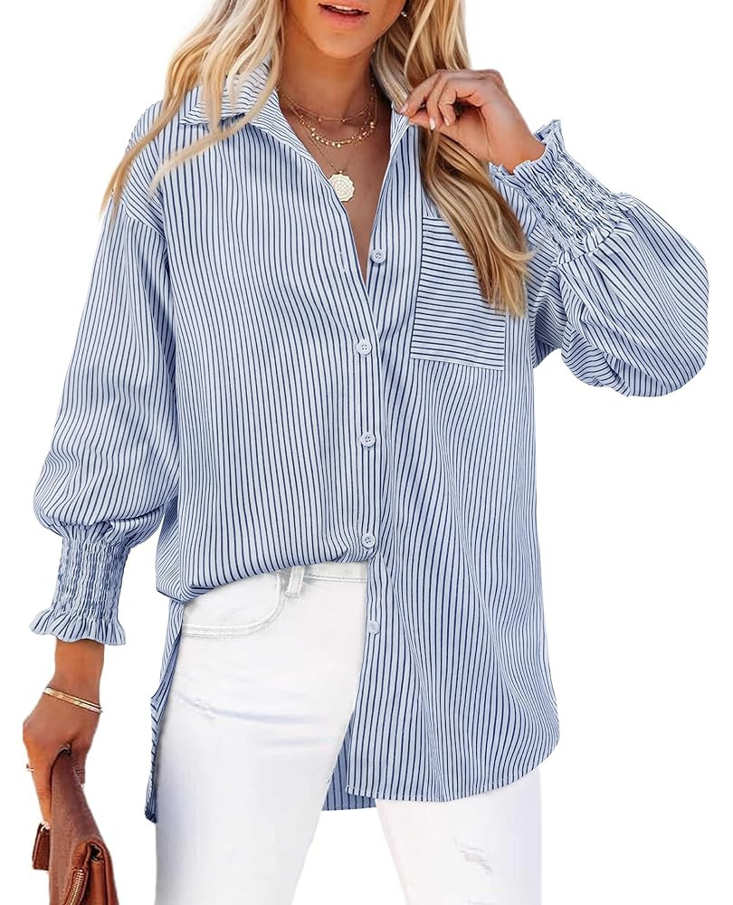 Womens Striped Button Down Shirts Smocked Long Puff Sleeve Oversized Boyfriend Blouses Loose Pock... | Amazon (US)