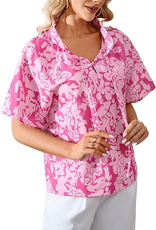 Women Summer Floral Shirts Short Sleeve Ruffle Collar Blouse Button Up V Neck Lightweight Casual ... | Amazon (US)