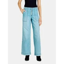 Time and Tru Women's High Rise Button Fly Wide Leg Jeans, 30", 32", 34" Inseams, Sizes 2-20 | Walmart (US)