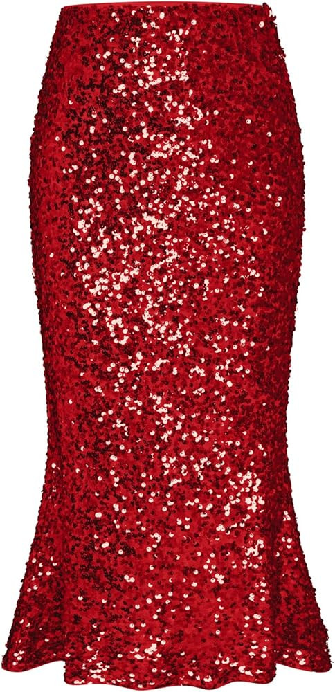 GRACE KARIN Women's Sequin Skirt Elastic High Waist Ruffled Hem Night Out Party Bodycon Midi Skir... | Amazon (US)