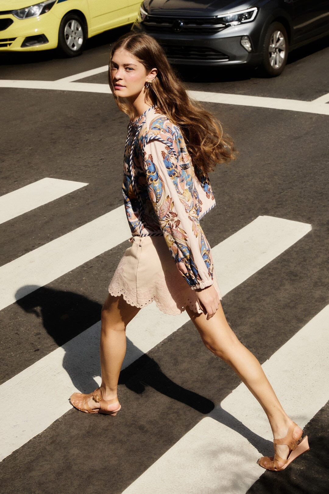 Soft Pink Geometric Richelieu Twill Mini Skirt, PINK / 29 | FarmRio (US)