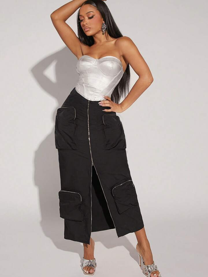 Asavvy Flap Pocket Zipper Front Cargo Skirt | SHEIN