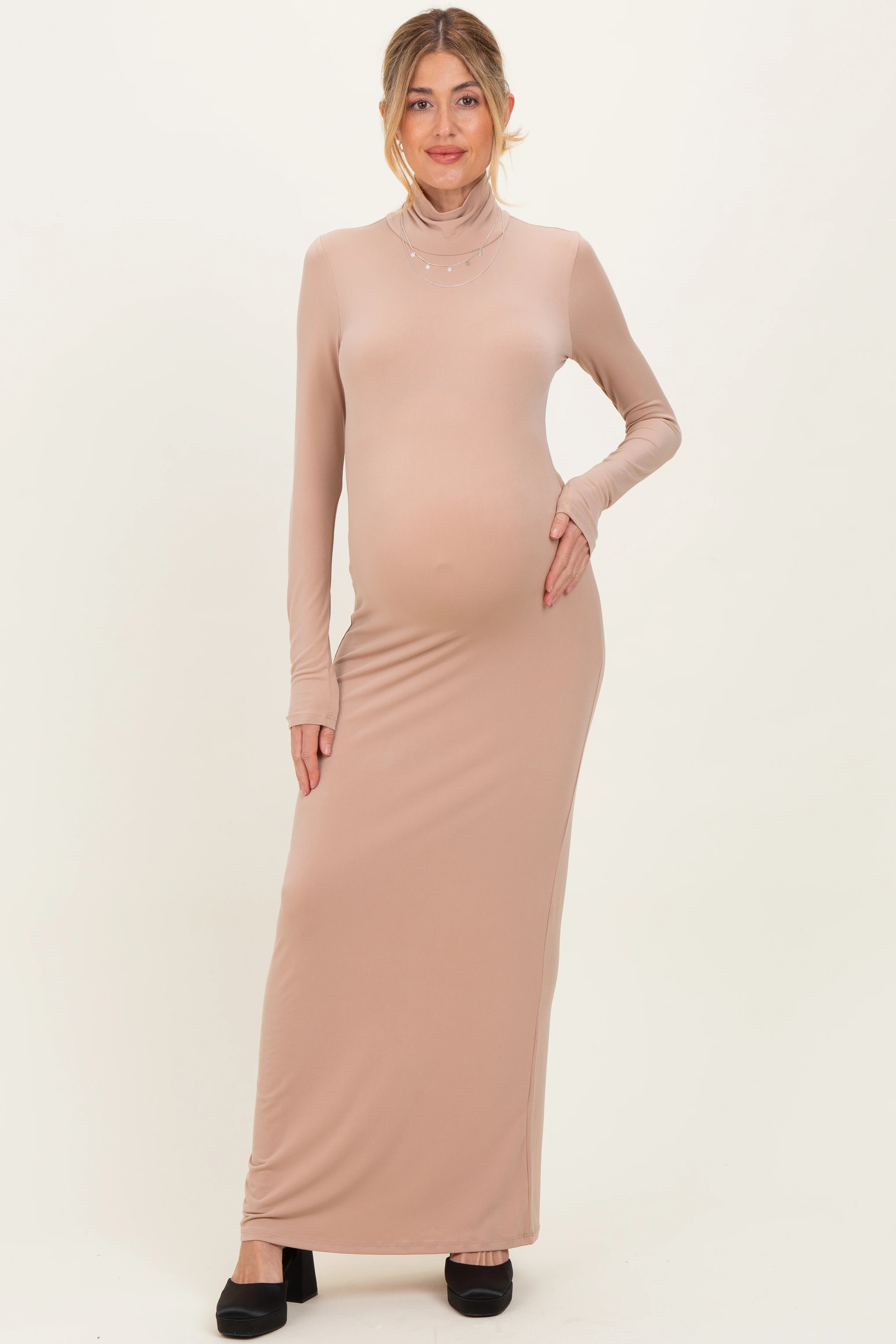 Beige Turtleneck Long Sleeve Maternity Maxi Dress | PinkBlush Maternity