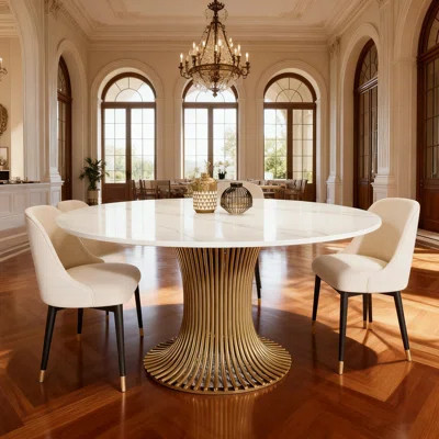 Modern 59" Sintered Stone Round Dining Table With Gold Stainless Steel Pedestal For 6 People | Wayfair North America