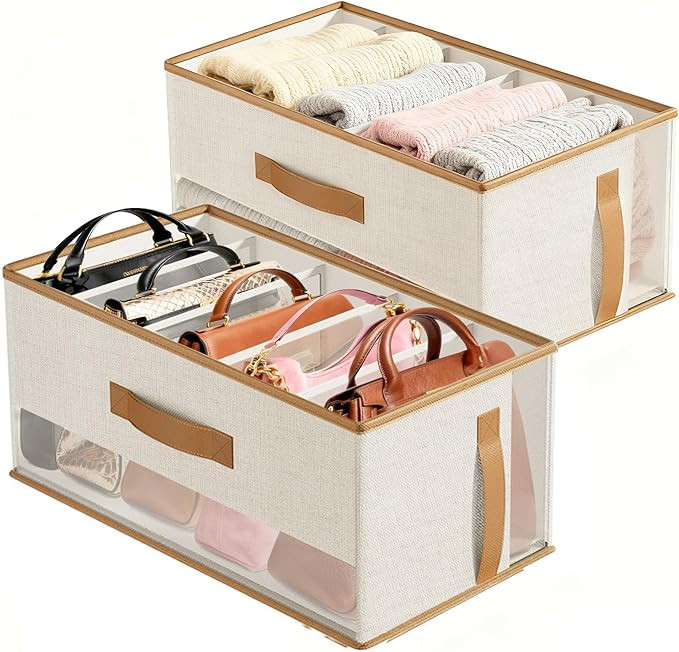 2 Packs Purse Organizers Closet and Foldable Closet Organizers with Dividers, Linen Fabric With H... | Amazon (US)