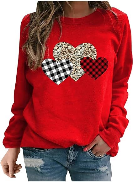 Heart Print Shirts for Women Long Sleeve,Teengirls Cute Tee Shirt Crewneck Top Blouses Womens Swe... | Amazon (US)