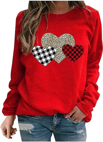 Heart Print Shirts for Women Long Sleeve,Teengirls Cute Tee Shirt Crewneck Top Blouses Womens Swe... | Amazon (US)