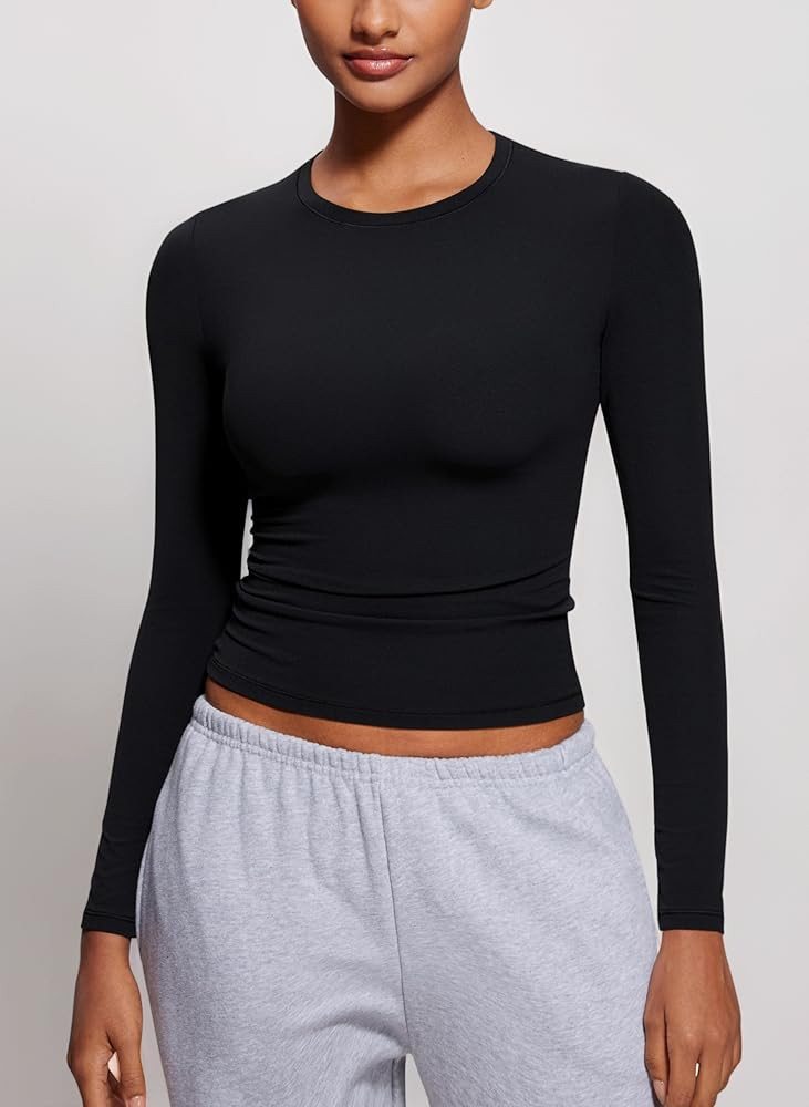 CRZ YOGA Womens Softembrace Long Sleeve Soft Crew Neck Shirts Basic Stretchy Tight T-Shirts Casua... | Amazon (UK)