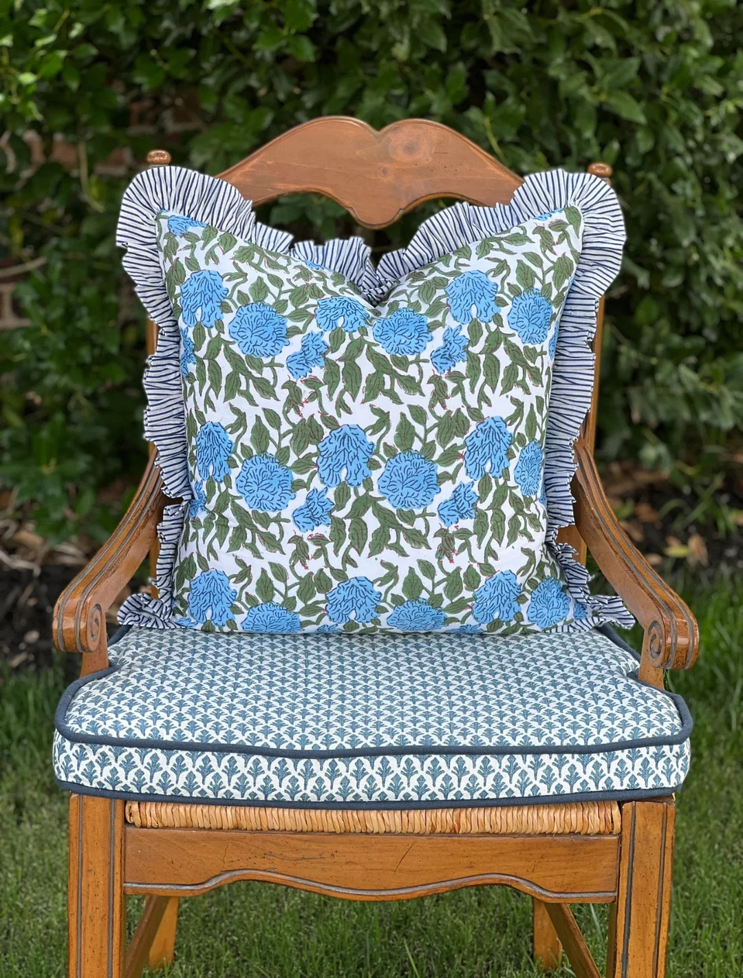 Blue and Green Hydrangea Block Print Pillow Cover With Ruffle Trim - Etsy | Etsy (US)