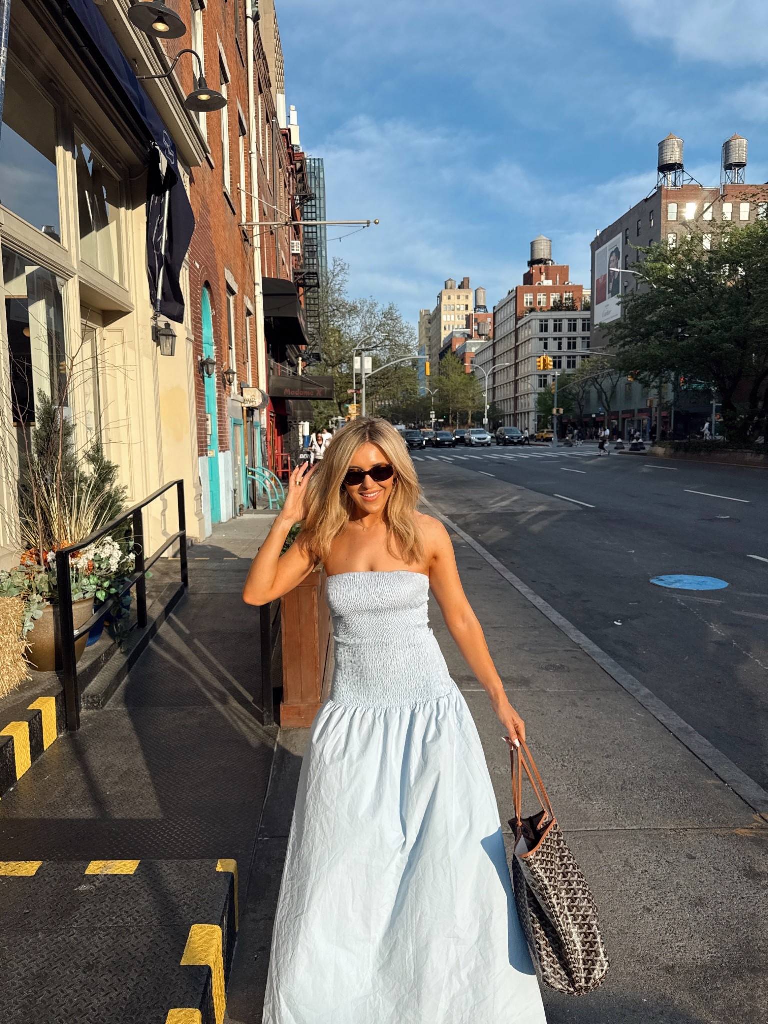 New York outfit - wedding guest outfit - blue dress - blue maxi dress - ruched dress - blue dress - baby blue dress - wedding guest dress - off the shoulder dress - goyard tote bag - goyard bag - celine sunglasses - celine tortoise shell sunglasses - summer dress - Abercrombie - Peppermayo  

#LTKxAFSale #LTKAprilSpotlight #LTKeurope