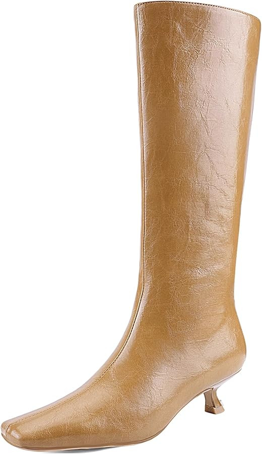 Knee High Boots for Women Square Toe Kitten Low Heel Tall Boots Faux Leather Fall Side Zipper Fas... | Amazon (US)