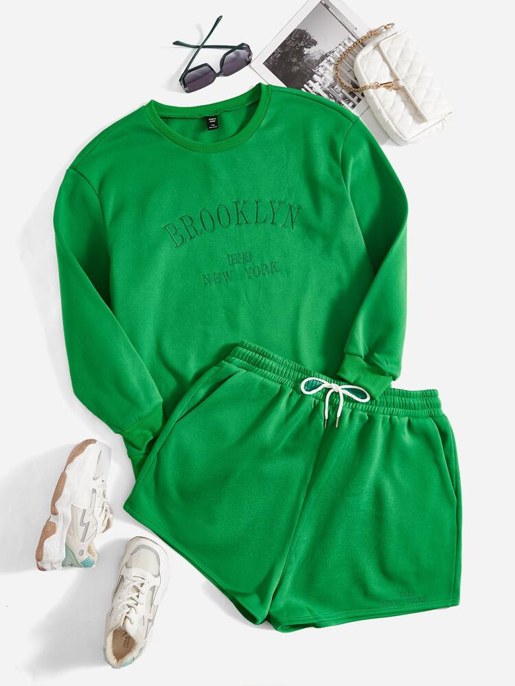 Plus Letter Embroidery Sweatshirt With Drawstring Waist Track Shorts | SHEIN