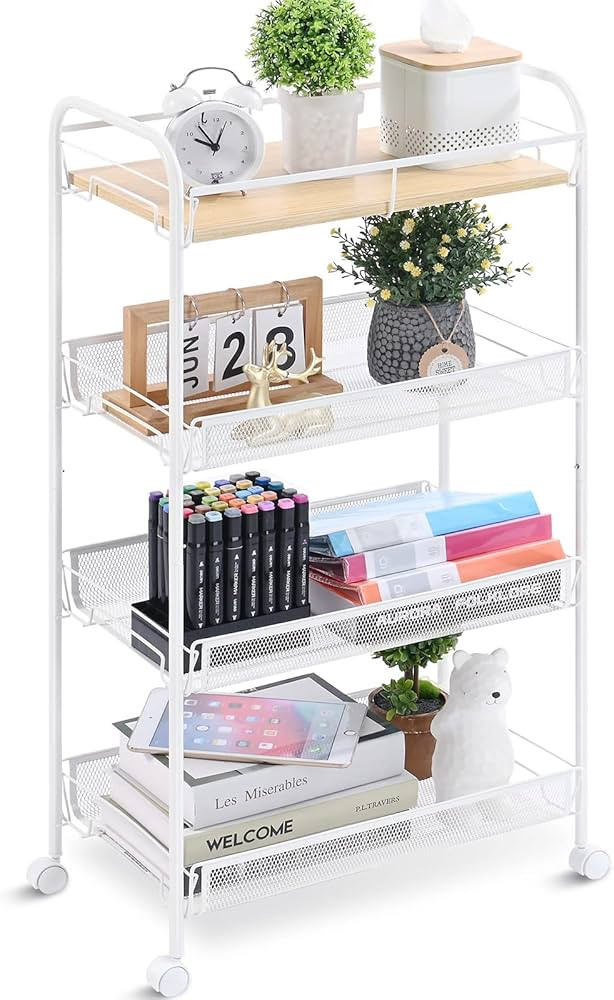 KINGRACK 4-Tier Rolling Cart,Metal Utility Cart with Wooden Tabletop,Easy Assemble Mobile Storage... | Amazon (US)