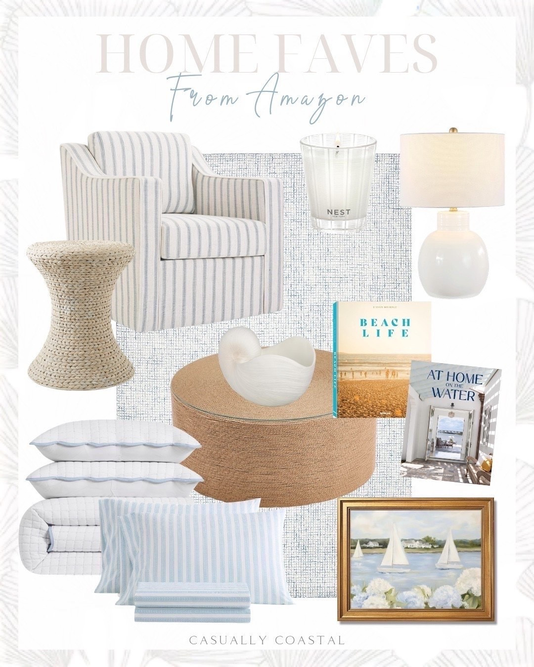 Home Faves From Amazon 

Amazon home decor, Amazon bedding, Amazon wall art, coastal home decor, coastal style, coastal lamp, Amazon lamp, coastal chair, Amazon accent chair, coastal coffee table, Amazon side table, coastal drink table, Amazon coastal book, hourglass side table, swivel striped accent chair, round coffee table, woven rope coffee table, ceramic table lamp, Amazon rug, coastal rug, safavieh rug, 5x8 rug, ivory and blue rug, beach life book, striped bed sheets, quilt bedding set, nautical sailboat art, shell decorative bowl, NEST candle

#LTKHome