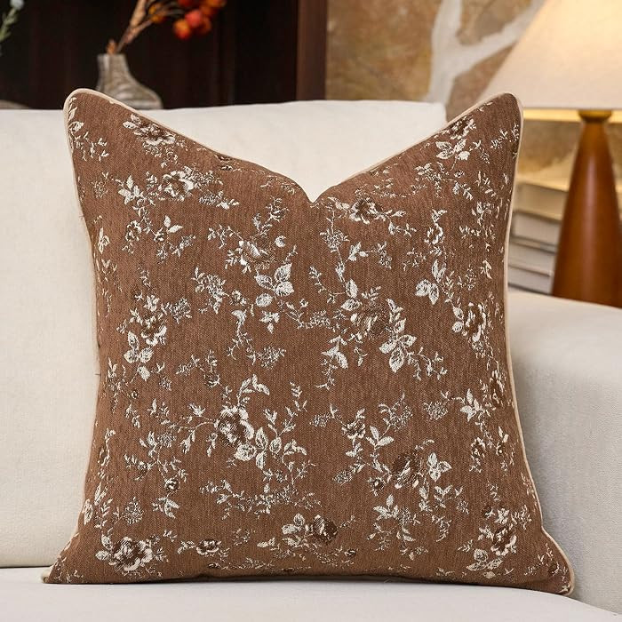 Spring Flower Throw Pillow Cover 20x20 Inch Brown Vintage Floral Pillow Cover Farmhouse Summer Cushion Cover Leaf Retro Chenille Pillowcase Home Decor for Sofa Living Room Couch | Amazon (US)