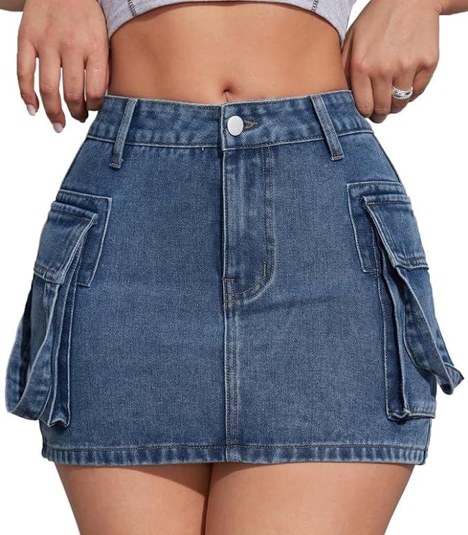 Womens Denim Mini Skirts Summer Low Waist Cargo Short Jean Skirt with Pockets 2024 Trendy Going O... | Amazon (US)