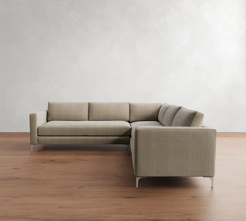 Jake Petite Upholstered 3-Piece L-Shaped Corner Sectional with Bronze Legs, Polyester Wrapped Cushions, Sunbrella(R) Performance Herringbone Light Gray | Pottery Barn (US)