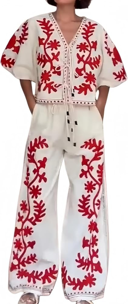 Women's 2 Piece Boho Outfits Cotton Linen Lantern Sleeve Tied Cardigan Top Wide Leg Pants Set Cas... | Amazon (US)