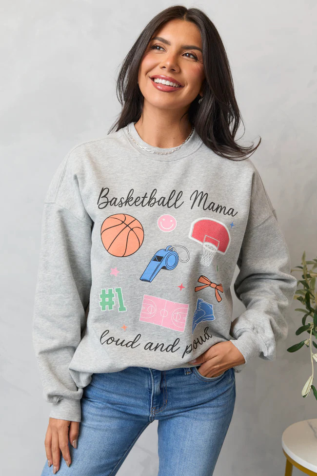 Basketball Mama Icons Light Grey Graphic Sweatshirt | Pink Lily