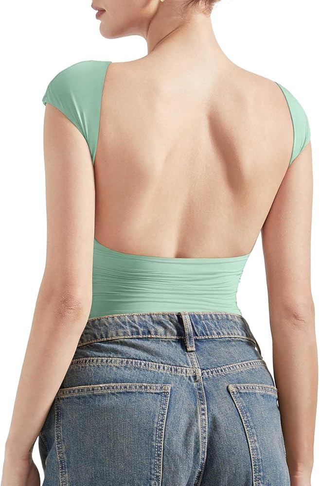 SUUKSESS Women Backless Sexy Going Out Tops Double Lined Open Back Y2k Basic Tee Shirts | Amazon (US)