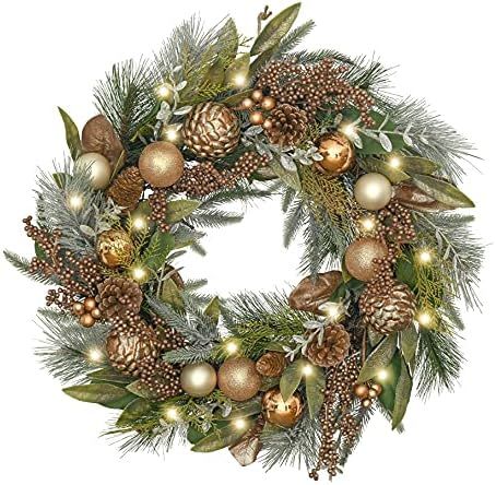 Valery Madelyn Pre-Lit 24 inch Woodland Lighted Christmas Wreath for Front Door with Ball Ornamen... | Amazon (US)