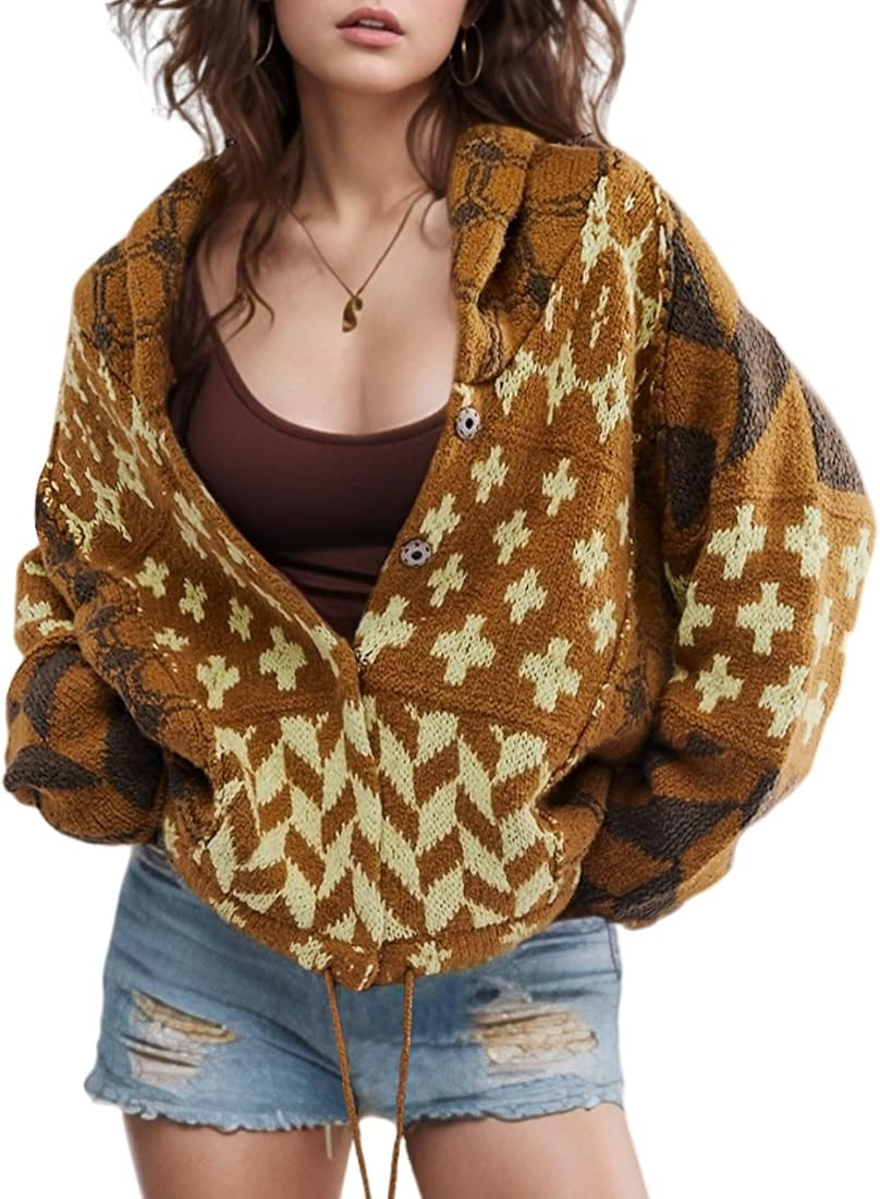 Wyeysyt Women's Cardigan Sweater Long Sleeve Shawl Collar Sweater Coat Y2k Print Patterned Knit C... | Amazon (US)