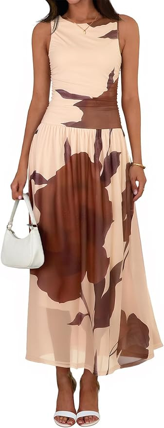 Wenrine Womens Summer Floral Maxi Dress Casual Sleeveless A Line Swing Flowy Beach Vacation Tank ... | Amazon (US)