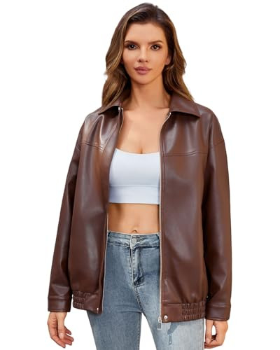 DIASHINY Women Faux Leather Jacket Oversized Moto Biker Coat Plus Size Loose Motocycle Outwear Brown M | Amazon (US)