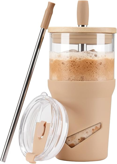 Glass Tumbler with Lids and Straws, 20 oz Iced Coffee Cup and Smoothie Cup with Bamboo Lid and On... | Amazon (US)