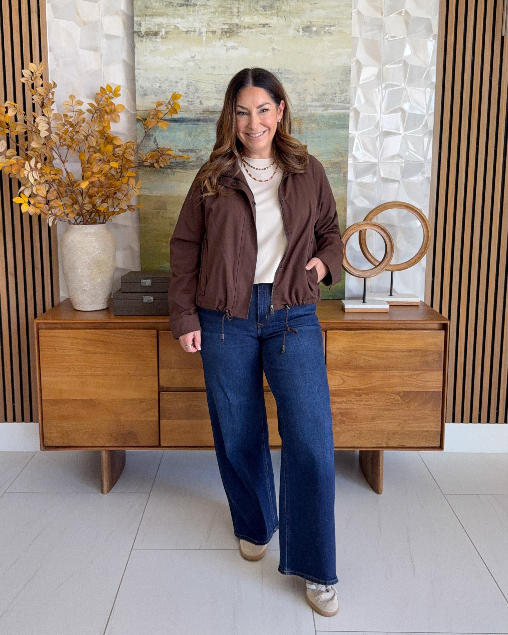 Chocolate Brown Collins Long Sleeve Raglan Bomber from Evereve  📏Wearing Jacket tts, L | tee, L | Jeans, 31

#LTKSeasonal #LTKOver40 #LTKMidsize
