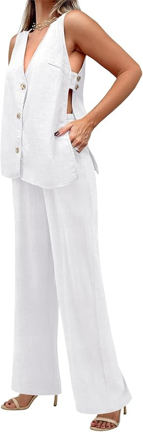 Tankaneo Womens 2 Piece Linen Sets Summer Outfits Sleeveless V Neck Botton Down Tank Tops and Pan... | Amazon (US)