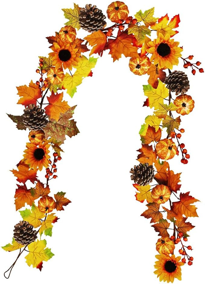 Winlyn Fake Fall Maple Leaf Garland Hanging Vine- 6 Feet - Artificial Berries Sunflower Pumpkin A... | Amazon (US)