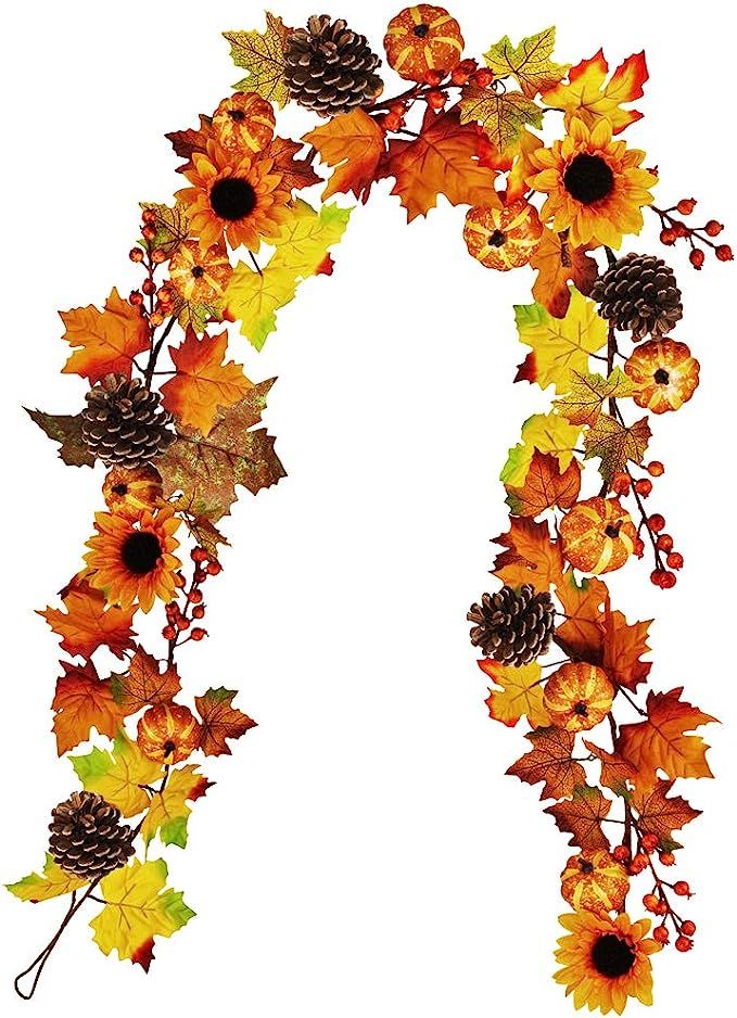 Winlyn Fake Fall Maple Leaf Garland Hanging Vine- 6 Feet - Artificial Berries Sunflower Pumpkin A... | Amazon (US)