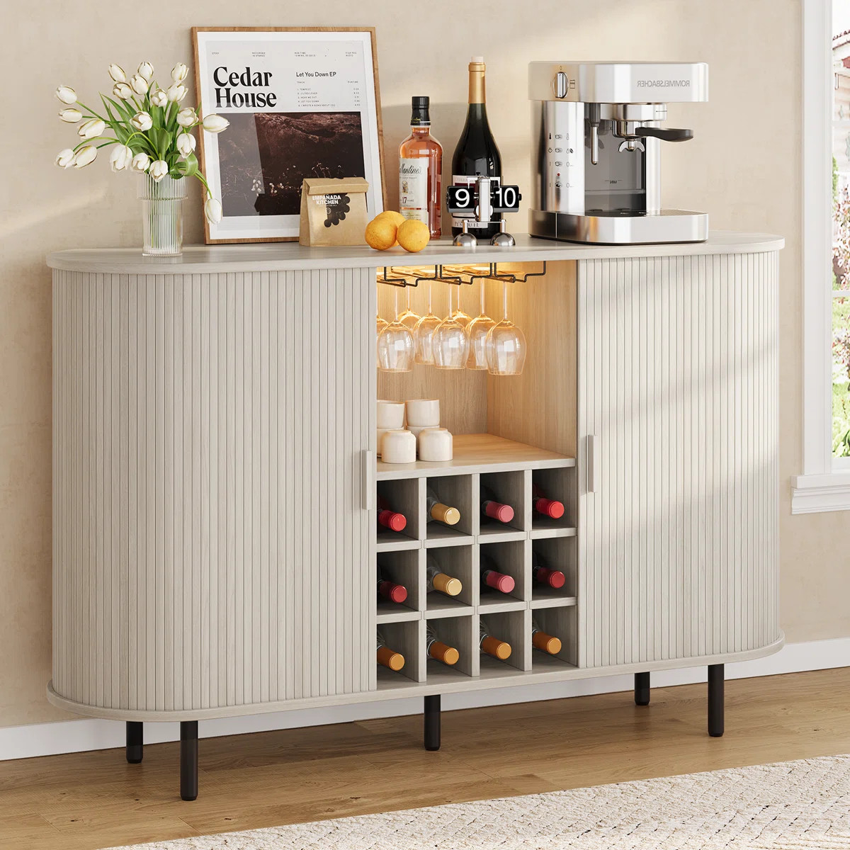 54.6'' Modern Bar Cabinet With Adjustable Shelves & RGB Lights, Wine Cabinet With Wine Glass Hold... | Wayfair North America