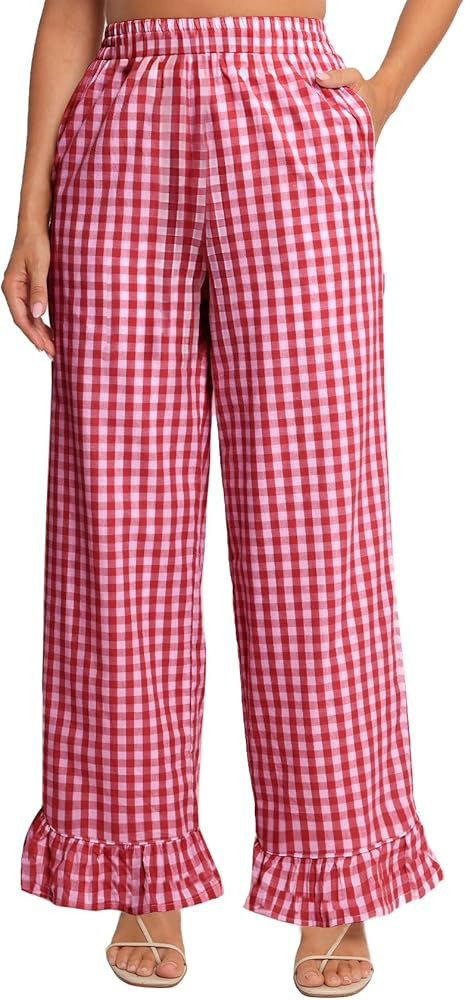Flygo Women's Gingham Pants Y2K Cotton Wide Leg Ruffle Hem Lounge Pants Plaid Elastic Wasited Tro... | Amazon (US)