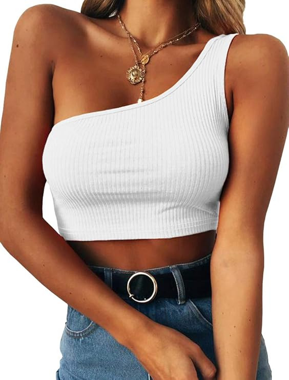 Minclouse Women's One Shoulder Sleeveless Crop Tops Summer Sexy Strappy Tank Tees | Amazon (US)