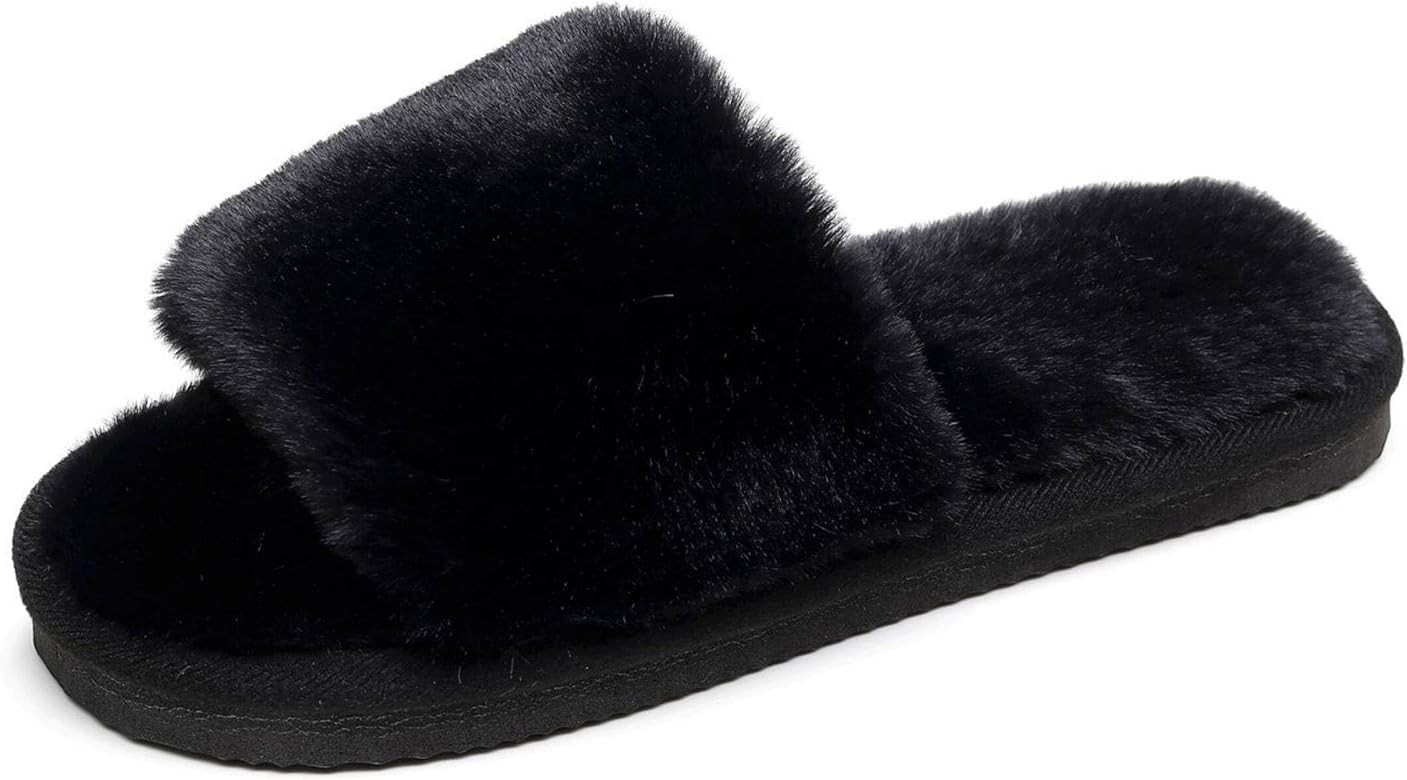 Women's Fuzzy Fluffy Furry Fur Slippers Flip Flop Open Toe Cozy House Memory Foam Sandals Slides ... | Amazon (US)