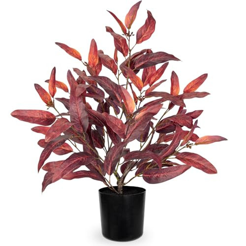Briful Artificial Burgundy Leaf Plant in Basket, 18.9'' Tall Faux Fall Potted Eucalyptus Plant with Deep Red Leaves, Classic Black Pot, Autumn Tabletop Decor for Home, Office, Thanksgiving | Amazon (US)