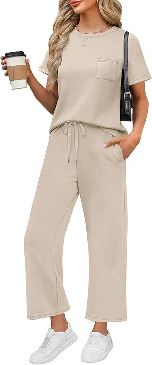 WIHOLL 2 Piece Sets for Women Casual Summer Travel Vacation Outfits Short Sleeve Wide Leg Crop Pa... | Amazon (US)