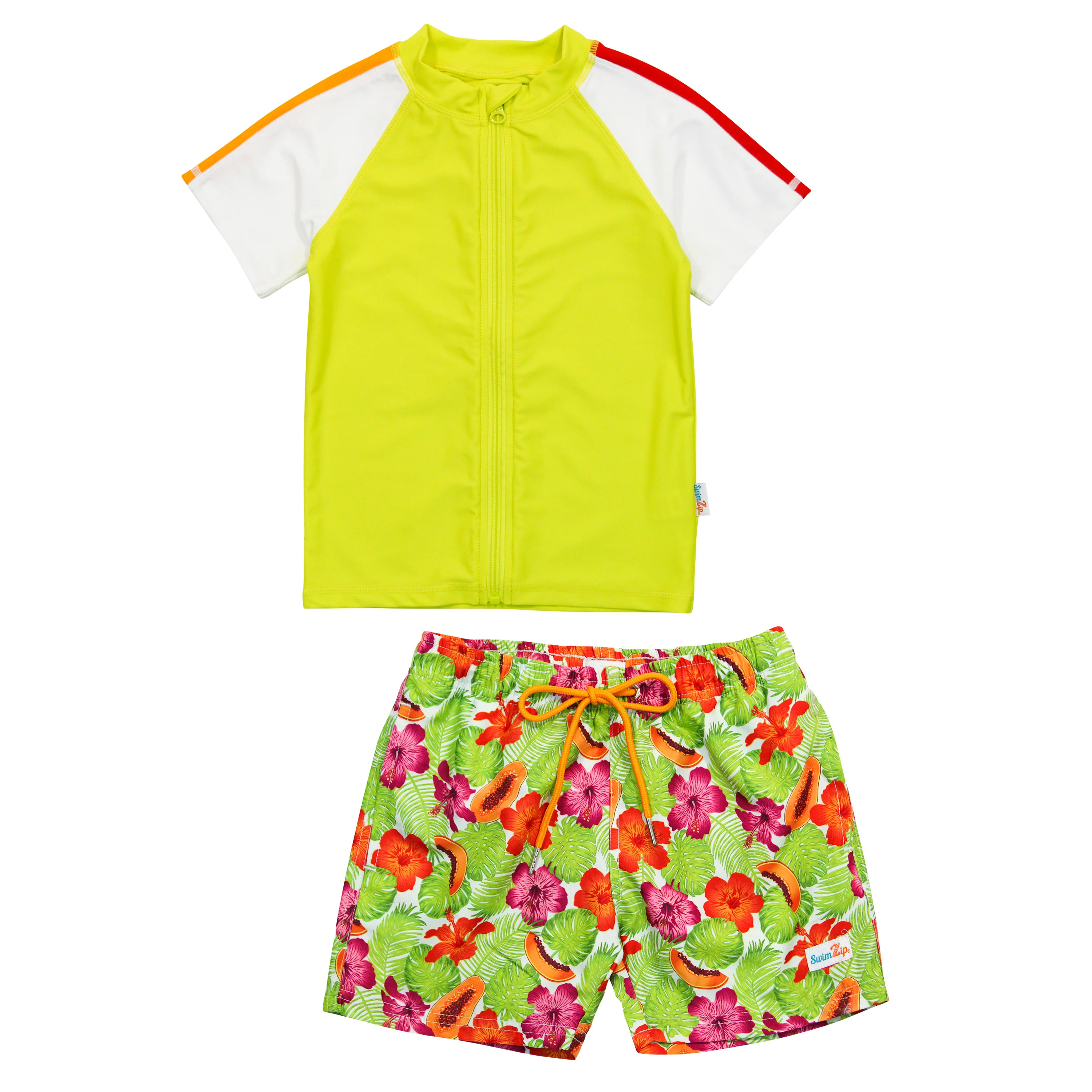 Boy's Short Sleeve Zipper Rash Guard and Swim Trunk Set | "Hibiscus" | SwimZip